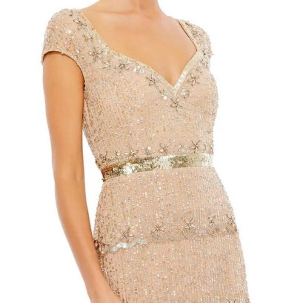 Mac Duggal Nude Beige Gold Cap Sleeve Embellished Column Gown - Picture 5 of 5